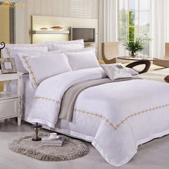 5 star hotel luxury 100%cotton designers embroidery duvet cover flat bed sheet 4piece white floral bedding set