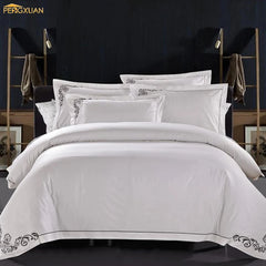 5 star hotel luxury 100%cotton designers embroidery duvet cover flat bed sheet 4piece white floral bedding set