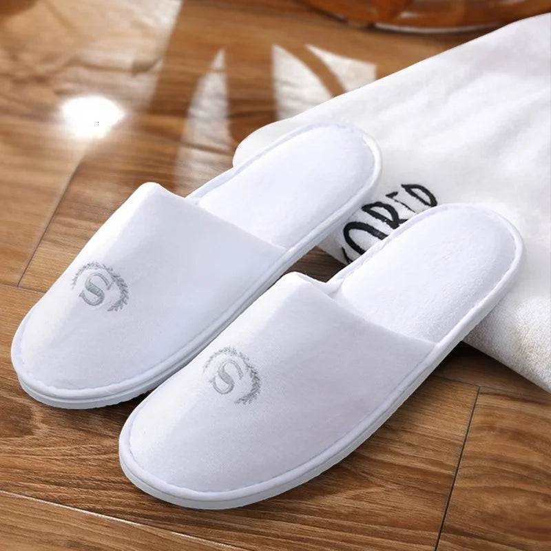 OEM Custom Logo Guest Slippers Wholesale Cheap Eva Sole Disposable Hotel Slippers White Guest Bedroom  Toweling Slippers