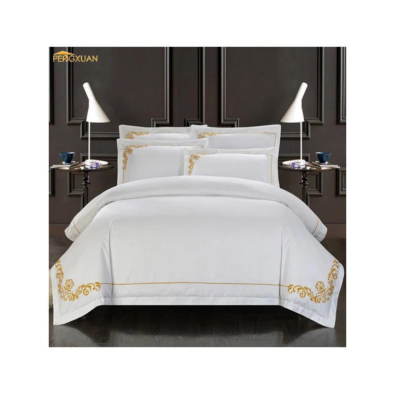 5 star hotel luxury 100%cotton designers embroidery duvet cover flat bed sheet 4piece white floral bedding set