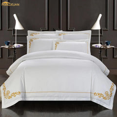 5 star hotel luxury 100%cotton designers embroidery duvet cover flat bed sheet 4piece white floral bedding set