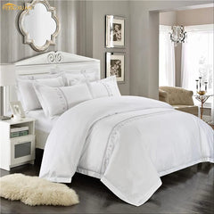 5 star hotel luxury 100%cotton designers embroidery duvet cover flat bed sheet 4piece white floral bedding set