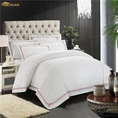 5 star hotel luxury 100%cotton designers embroidery duvet cover flat bed sheet 4piece white floral bedding set