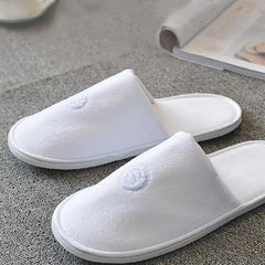 OEM Custom Logo Guest Slippers Wholesale Cheap Eva Sole Disposable Hotel Slippers White Guest Bedroom  Toweling Slippers